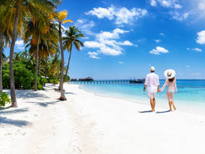 Image of a couple walking on a tropical beach.